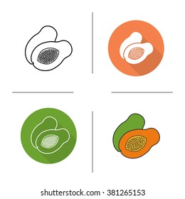 Papaya flat design, linear and color icons set. Pawpaw in different styles. Sliced papaya icons. Tropical fruit. Long shadow logo concept. Papaya isolated vector illustrations. Infographic elements