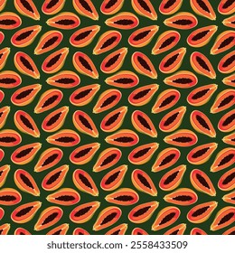 Papaya flat seamless pattern on green background. Wrapping paper, gift card, poster, banner design. Home decor, modern textile print. Summer bright geometric fruits patterned.