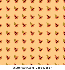 Papaya flat seamless pattern on orange background. Wrapping paper, gift card, poster, banner design. Home decor, modern textile print. Summer bright geometric fruits patterned.