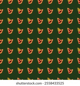 Papaya flat seamless pattern on green background. Wrapping paper, gift card, poster, banner design. Home decor, modern textile print. Summer bright geometric fruits patterned.