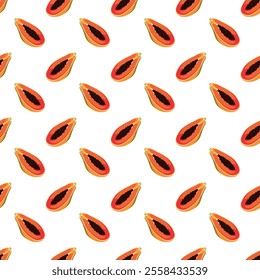 Papaya flat seamless pattern on white background. Wrapping paper, gift card, poster, banner design. Home decor, modern textile print. Summer bright geometric fruits patterned.