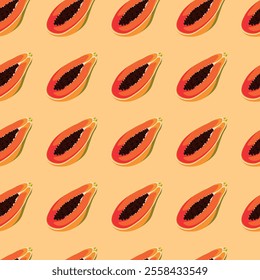 Papaya flat seamless pattern on orange background. Wrapping paper, gift card, poster, banner design. Home decor, modern textile print. Summer bright geometric fruits patterned.