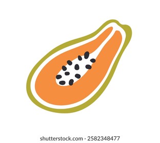 Papaya fruit, cut half with black seeds. Exotic tropical food, fresh ripe sweet pawpaw cross-section piece. Natural vitamin healthy eating. Flat vector illustration isolated on white background