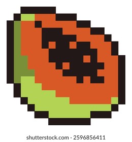 Papaya fruit cut in half with orange color inside and green outside and black seeds vector pixel art for element, icon, game, sticker