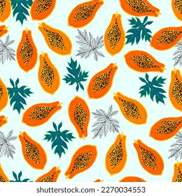 Papaya fruit in a cut. Papaya halves. Seamless fabric print.