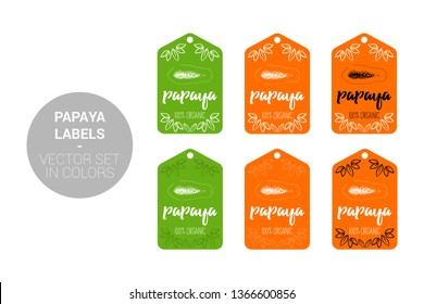 Papaya fruit Eco labels vector set in green, orange colors. Cartoon Advertising hundred percent organic Stickers. Tropical fruit Badges with Hand drawn papaya and little leaves ready for web and Print