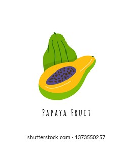 Papaya fruit flat vector illustration. Cartoon slices of exotic, tropical fresh fruit. Papaya creative clipart with name. Isolated icon for healthy cooking menu, logo design element