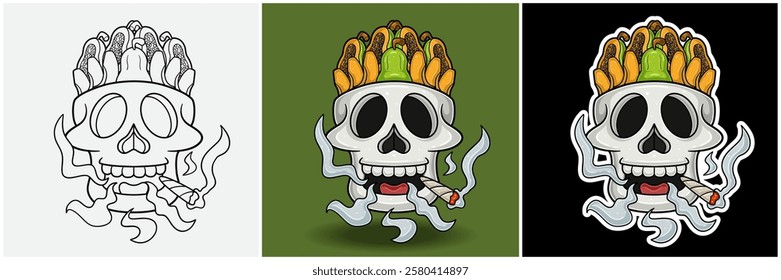 Papaya Fruit Inside Skull Head With Smoking Character Cartoon. Black White, Colorful and Sticker Style. For T shirt print, Brand Logo, Label and Mascot product. Vectors Illustrations