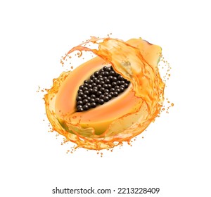 Fruta de la papaya con jugo batido. Ripe una sabrosa mitad rebanada con semillas negras y batido líquido de color naranja. Realista 3d vector fresco bebida tropical con gotitas. salchicha de bebida de verano aislada