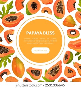 Papaya Fruit Label Design with Cut Section with Seeds and Orange Pulp Vector Template