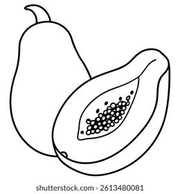 Papaya Fruit Line Art Vector for Kids Hand Drawing and Learning – Simple Tropical Fruit Outline Illustration