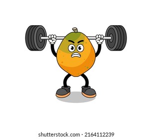 papaya fruit mascot cartoon lifting a barbell , character design