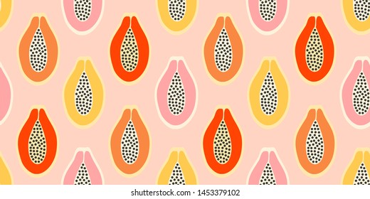 Papaya fruit pattern isolated on blue background. Tropical vector seamless texture. Trendy food.