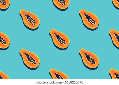 Papaya fruit pattern. Seamless summer tropical background. Bright kitchen, home decor or healthy eating design. Cartoon flat design. Vector illustration.