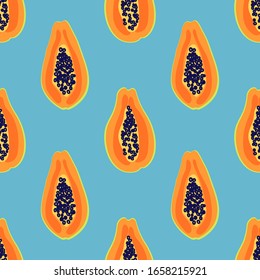 Patrón de frutas de papaya. Fondo tropical de verano sin problemas. Cocina luminosa, decoración casera o diseño de comida saludable. Dibujo plano. Ilustración vectorial.
