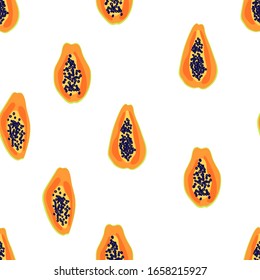 Patrón de frutas de papaya. Fondo tropical de verano sin problemas. Cocina luminosa, decoración casera o diseño de comida saludable. Dibujo plano. Ilustración vectorial.