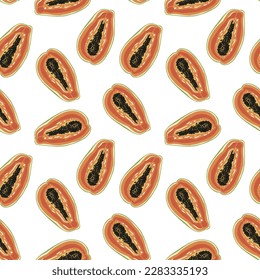 Papaya fruit pattern. Seamless summer tropical background. Bright kitchen, home decor or healthy eating design. Cartoon flat design. Vector illustration.