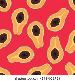 Papaya fruit pattern. Seamless summer tropical background. Bright kitchen, home decor or healthy eating design. Cartoon flat design. Vector illustration.