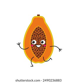 Papaya fruta corriendo lindo personaje de dibujos animados dulce cara sonriente kawaii feliz emociones icono Ilustración vectorial.