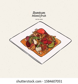 Papaya fruit salad or what we call " Fruit Somtum " in Thai with Fruit ingredients. The famous local Thai street food hot and spicy dish concept. Hand draw sketch vector.