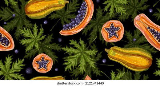 Patrón de frutos de papaya sin soldadura sobre fondo negro.Plantas tropicales retro en estilo de grabado. Textura de fruta exótica dibujada a mano para tela, papel pintado, textil, papel impreso, papel envolvente. Ilustración vectorial.