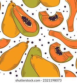Papaya fruit seamless pattern. Tropical fruit background. Exotic papaya print for textile, paper, packaging and textile, vector illustration