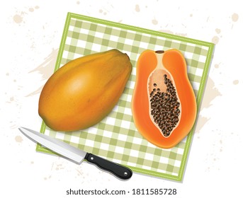 Papaya fruit vector illustration with papaya fruit half piece and sharp knife on cloth nepkin
