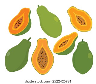 Conjunto de Vector de fruta de papaya lindo estilo de dibujos animados. aislado sobre fondo blanco.