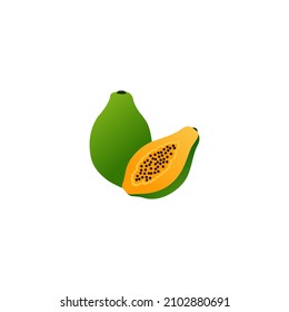 Papaya fruit, whole and half fruit Vector illustration, cartoon flat icon isolated on white.