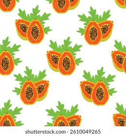 Papaya fruits and leaves seamless pattern. Green,yellow and orange colors on a white background. Botanical design with exotic cut fruit. Vector cartoon wallpaper, cover, printable for textile