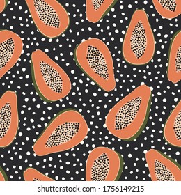 Papaya fruits seamless pattern with dots background. Tropical fuits