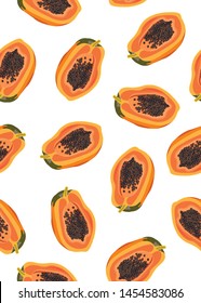 Papaya fruits seamless pattern on white background, Fresh organic food, Tropical fruit vector illustration.