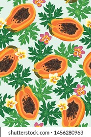 Papaya fruits seamless pattern on pastel blue background with leaves and frangipani flower, Fresh organic food, Tropical fruit vector illustration.