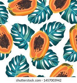 Papaya fruits seamless pattern on white background with tropical leaves, Fresh organic food, Tropical fruit vector illustration.