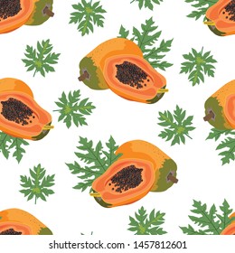 Papaya fruits seamless pattern on white background with leaves, Fresh organic food, Tropical fruit vector illustration.