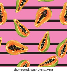 Papaya fruits Seamless Pattern Vector illustration Drawing fruits background, Tropical print