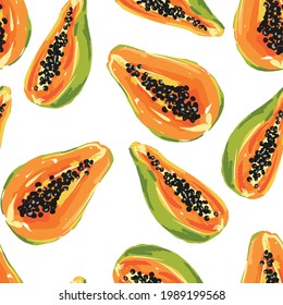 Papaya fruits Seamless Pattern Vector illustration Drawing fruits background, Tropical print