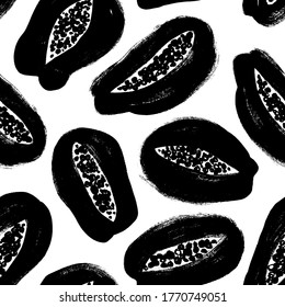 Papaya fruits vector seamless pattern. Black paint hand drawn papaya. Simple brush style abstract pattern. Ornament for wallpaper, textile fabric or wrapping paper. Sketch modern handdrawn style