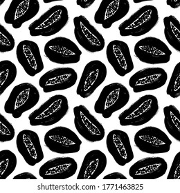 El papaya produce un patrón sin fisuras vectorial. Papaya dibujada a mano con pintura negra. Patrón abstracto de estilo de pincel simple. Ornamento para papel pintado, tela textil o papel envolvente. Esbozar el estilo moderno del dibujo a mano