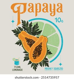 papaya diseño de impresión gráfica, diseño de frutas de verano, comida vintage grunge moda papaya arte de ginebra naranja, tipografía diseño de impresión de texto de eslogan, California Malibú, gráficos de impresión de frutas para camiseta Diseño