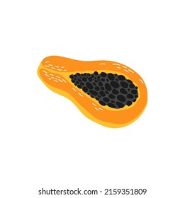 Papaya half cut exotic fruit isolated food dessert flat cartoon style icon. Vector tropical pawpaw, fragrant fruit healthy eating. Babaco hybrid, asian Thai juicy snack, papaw Carica papaya, eaten raw