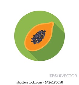 Papaya half flat design round icon. Color symbol of tropical fruit and healthy eating. Long shadow vector illustration in a circle isolated on white background.