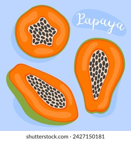 Papaya. Half and piece of papaya. Ripe, healthy tropical fruits. Cartoon vector illustration.