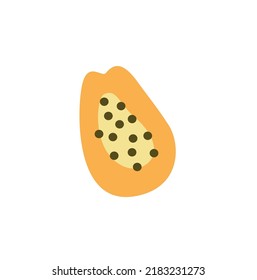 La mitad de papaya con semillas. Trozo de fruta tropical cortado. Icono de pavimento exótico dibujado al estilo doodle. Sección de Papaw, vista superior. Ilustración vectorial plana aislada en fondo blanco