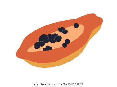 Papaya half, tropical sweet papaw, cut fruit piece, cross-section with fresh pulp, seeds. Exotic ripe raw pawpaw food, summer vitamin nutrition. Flat vector illustration isolated on white background