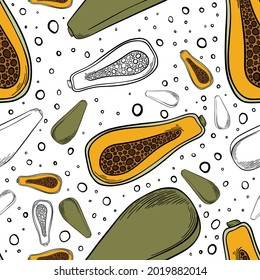 Papaya hand drawn seamless pattern in green, orange and yellow color with black outlines on white background for textile, print, background, highlights. Vector illustration