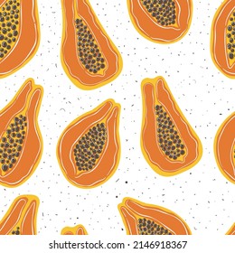 Papaya hand drawn seamless pattern in doodle style. Trendy vector illustrated pattern. Hawaiian fruits.