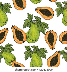 Papaya hand drawn seamless pattern.Papaya vector illustration.Sweet Exotic Thailand asian fruit. Tropical fruit backgrounisolated design.