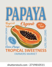 Papaya hand-drawn vector graphics, papaya graphic, vintage hand drawn fruit print design, fruit print artwork, summer t-shirt design, flowers, women's t-shirts, tops, sweatshirt fruit print design