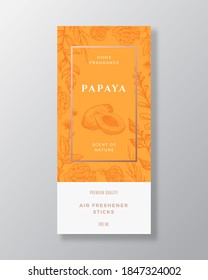 Papaya Home Fragrance Abstract Vector Label Template. Hand Drawn Sketch Flowers, Leaves Background And Retro Typography. Premium Room Perfume Packaging Design Layout. Realistic Mockup. Isolated.